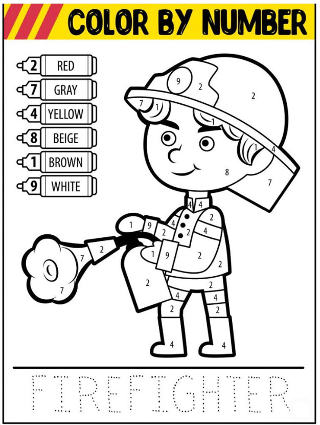 Printable firefighter color by number activity for kids.