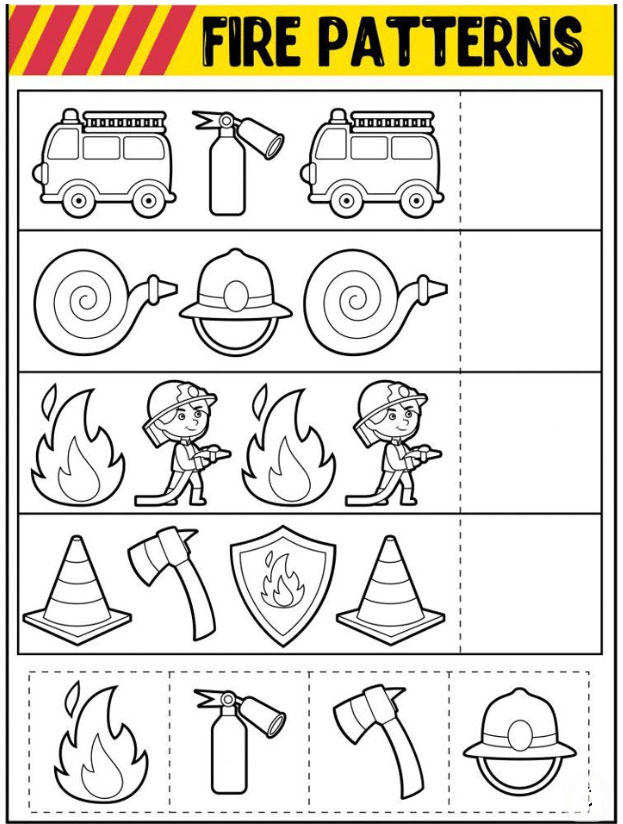 Printable fire safety patterns worksheet with firefighter-themed objects.