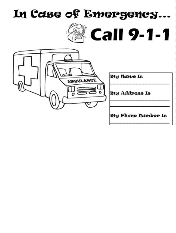 Printable emergency worksheet for kids to practice calling 911 and writing emergency contact information.
