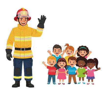 Illustration of a firefighter waving beside a group of smiling children for a kids fire safety education page.
