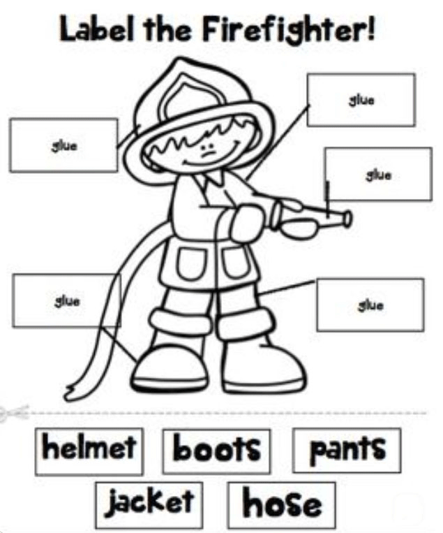 Printable firefighter labeling worksheet for kids.