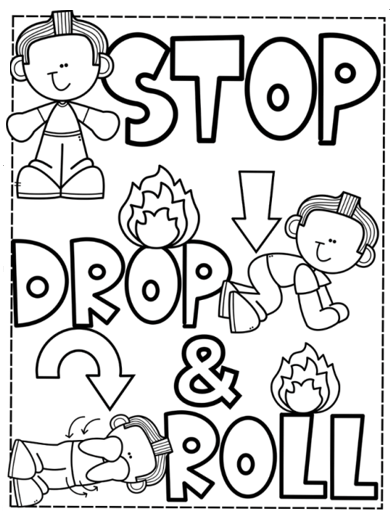 Printable Stop, Drop, and Roll fire safety coloring page for kids.