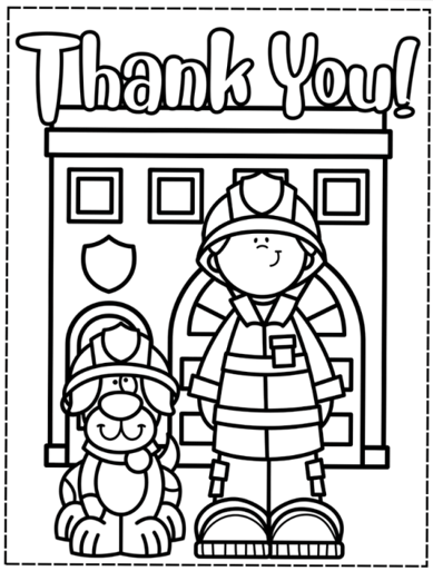 Printable Thank You firefighter coloring page featuring a firefighter and fire station.